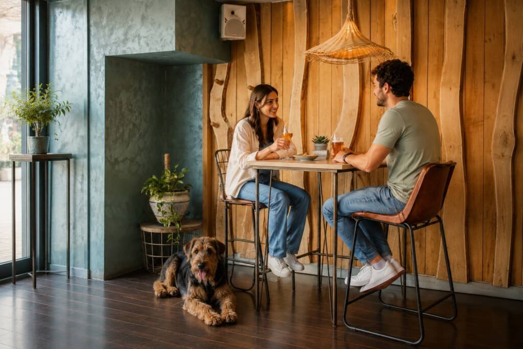 Pareja sentada en una mesa alta junto a su perro en el interior de River 1973, bar pet friendly en Salamanca