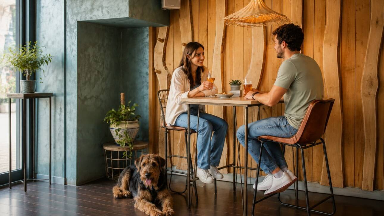 Pareja sentada en una mesa alta junto a su perro en el interior de River 1973, bar pet friendly en Salamanca