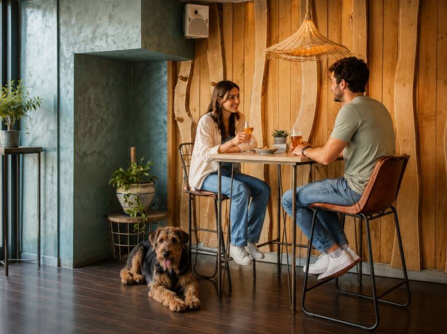 Pareja sentada en una mesa alta junto a su perro en el interior de River 1973, bar pet friendly en Salamanca